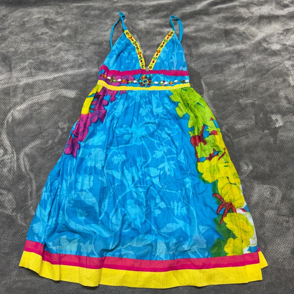Funky People Blue Floral Cotton Gem Embellished Sun Dress Womens Medium Boho